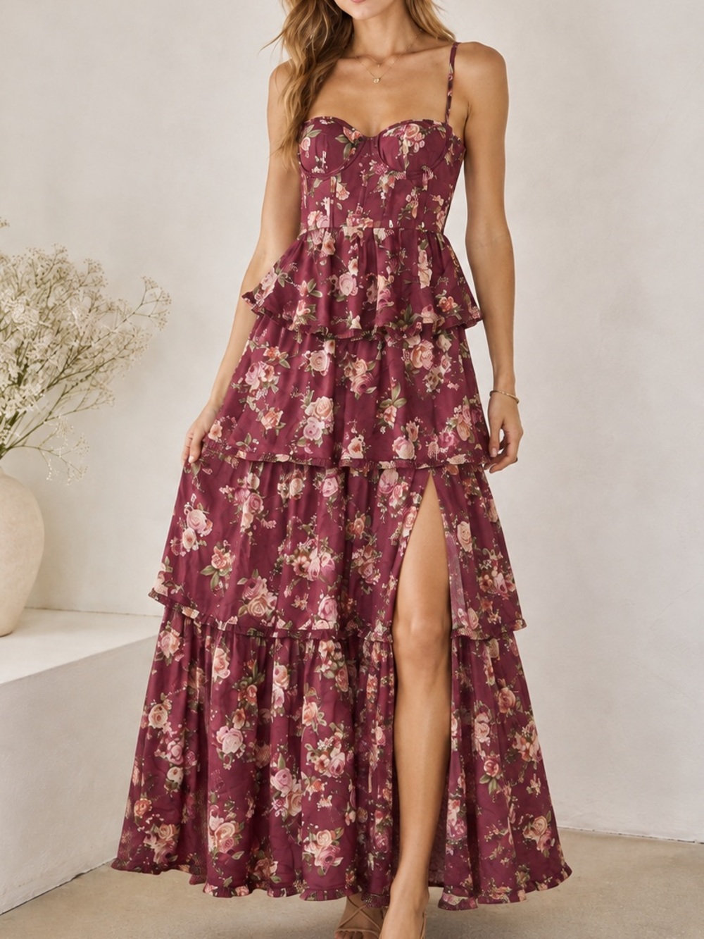 Altard State Stellni Floral Corset Maxi Dress Plum Tiered Ruffle Slit XS NWOT